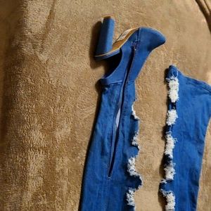 Denim distressed thigh high boots